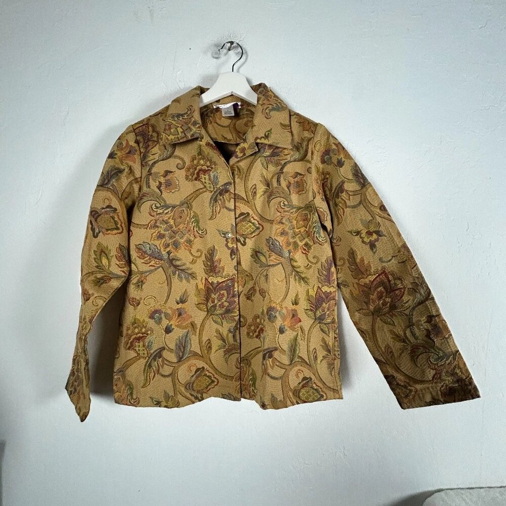 Susan Graver Style Womens Floral Tapestry Blazer Jacket Medium Brown Lightweight